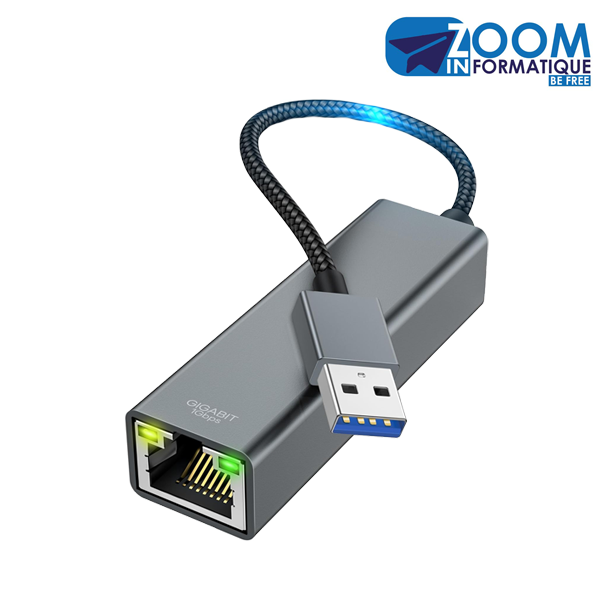 Adaptateur USB 3.0 vers Ethernet RJ45 Réseau Gigabit | Connexion Internet Filaire Stable & Rapide - Zoom Informatique